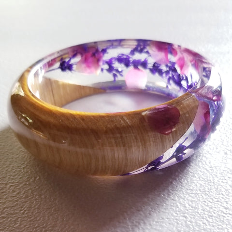 Flower Resin Bracelet, Style #1: Pink and Purple Petals with a Wood Accent