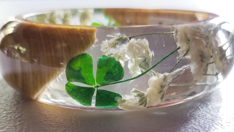 Flower Resin Bracelet, Style #5: Four-Leaf Clover and Wood Accents
