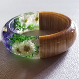 Flower Resin Bracelet, Style #7: Blue-ish Purple and White Flowers with a Wood Accent