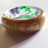 Flower Resin Bracelet, Style #4: Purple Flowers, Green Leaves and Wood Accent