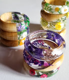 Flower Resin Bracelet, Style #4: Purple Flowers, Green Leaves and Wood Accent