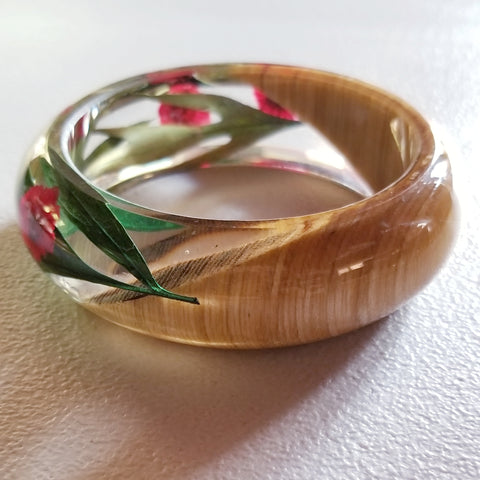 Flower Resin Bracelet, Style #2: Red Flowers and Wood Accent