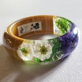 Flower Resin Bracelet, Style #7: Blue-ish Purple and White Flowers with a Wood Accent
