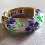 Flower Resin Bracelet, Style #4: Purple Flowers, Green Leaves and Wood Accent