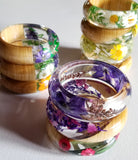Flower Resin Bracelet, Style #4: Purple Flowers, Green Leaves and Wood Accent