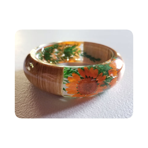 Flower Resin Bracelet, Style #6: Orange Daisies with Wood Accents