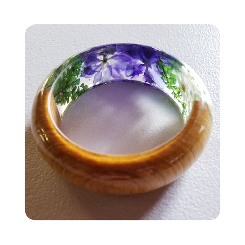 Flower Resin Bracelet, Style #7: Blue-ish Purple and White Flowers with a Wood Accent